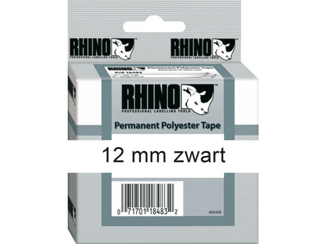 Labeltape dymo rhino 18483 polyester 12mmx5.5m zwart op wt