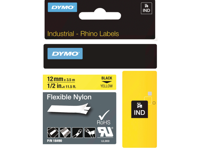 Labeltape dymo rhino 18490 nylon 12mmx3.5m zwart op geel
