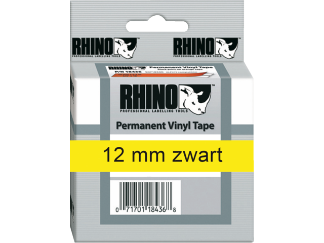 Labeltape dymo rhino 18432 12mmx5.5m vinyl zwart op geel