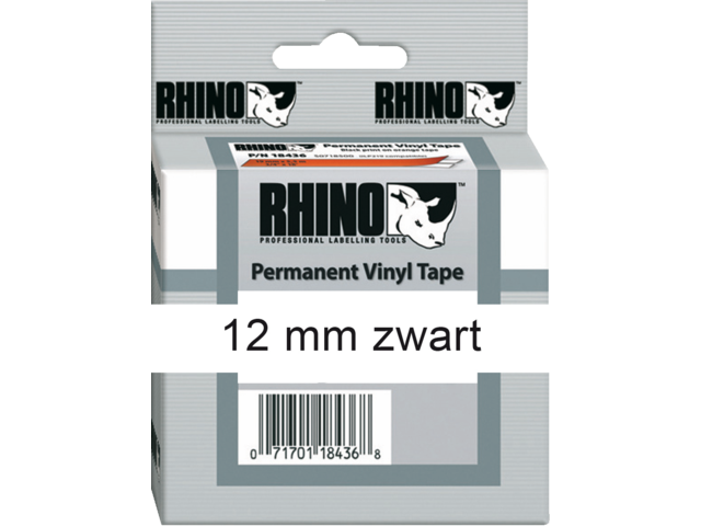 Labeltape dymo rhino 18444 vinyl 12mmx5.5m zwart op wit