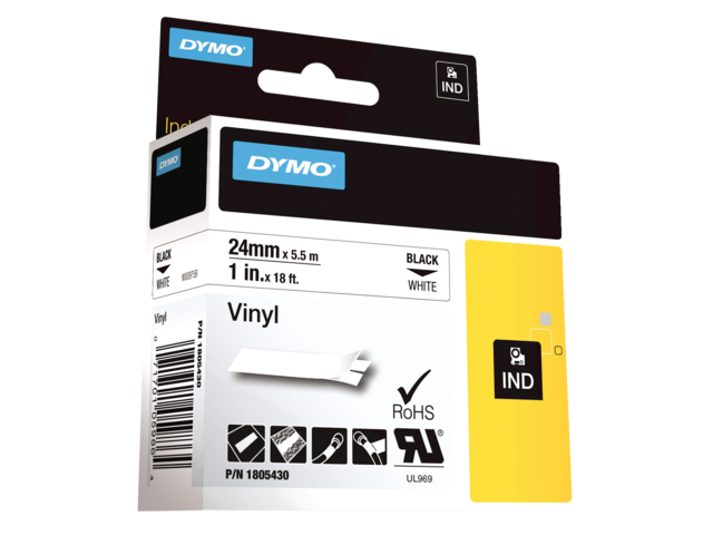 Labeltape dymo rhino 18054 vinyl 24mmx5.5m zwart op wit