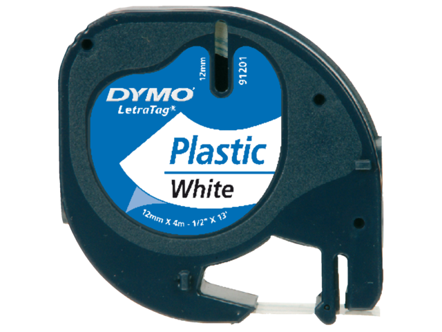 Labeltape dymo letratag 91201 plastic 12mm zwart op wit