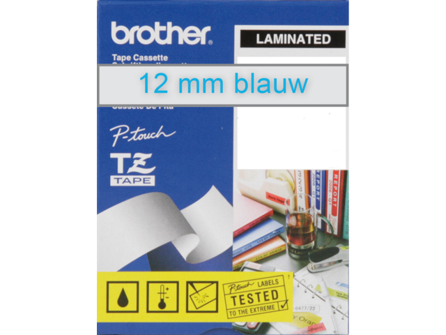 Labeltape brother p-touch tze133 12mm blauw op transparant