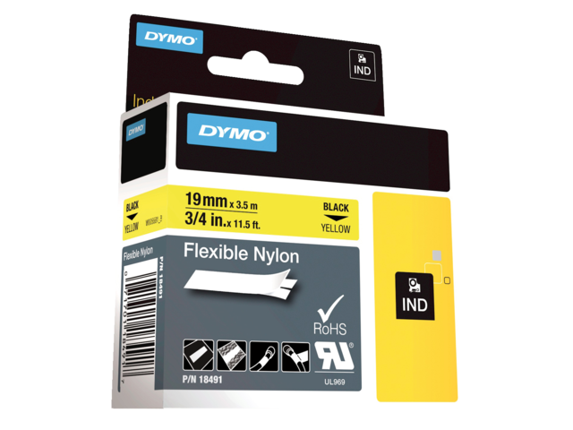 Labeltape dymo rhino 18491 nylon 19mmx3.5m zwart op geel