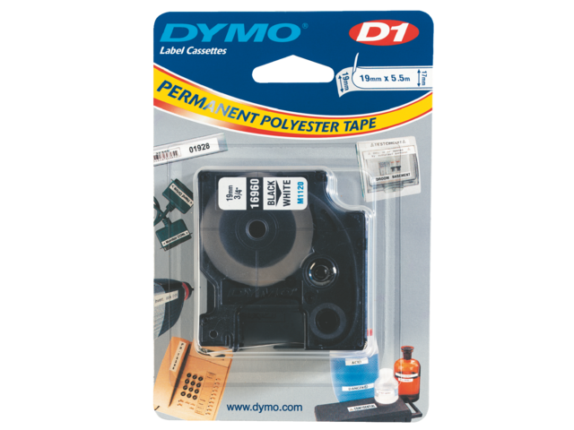 Labeltape dymo 16960 d1 718070 19mmx5.5m poly zwart op wit