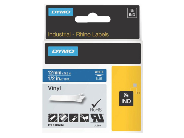 Labeltape dymo rhino 18052 12mmx5.5m vinyl wit op blauw